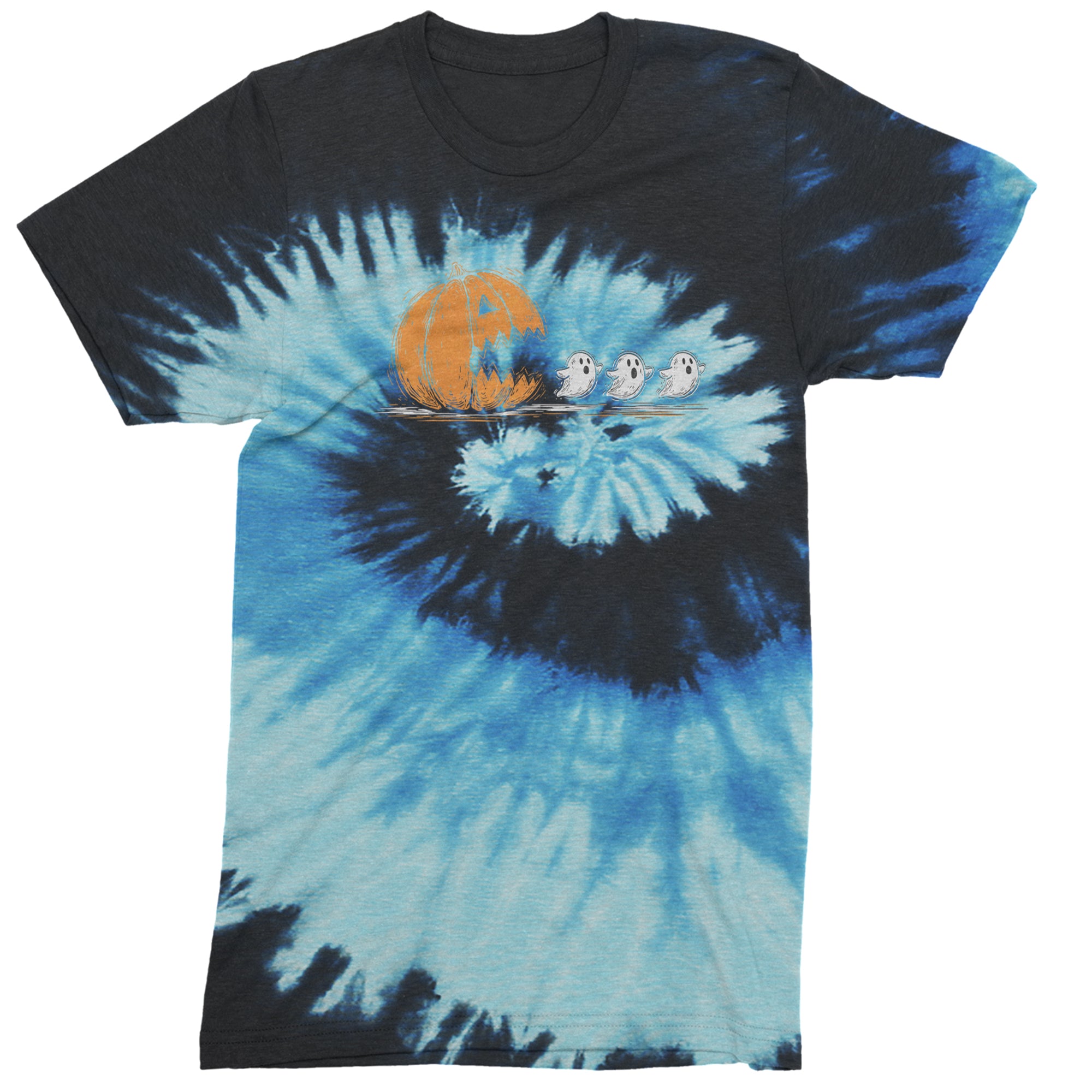 Pumpkin Pacman Chasing Ghosts Halloween Mens T-shirt Tie-Dye Blue Ocean