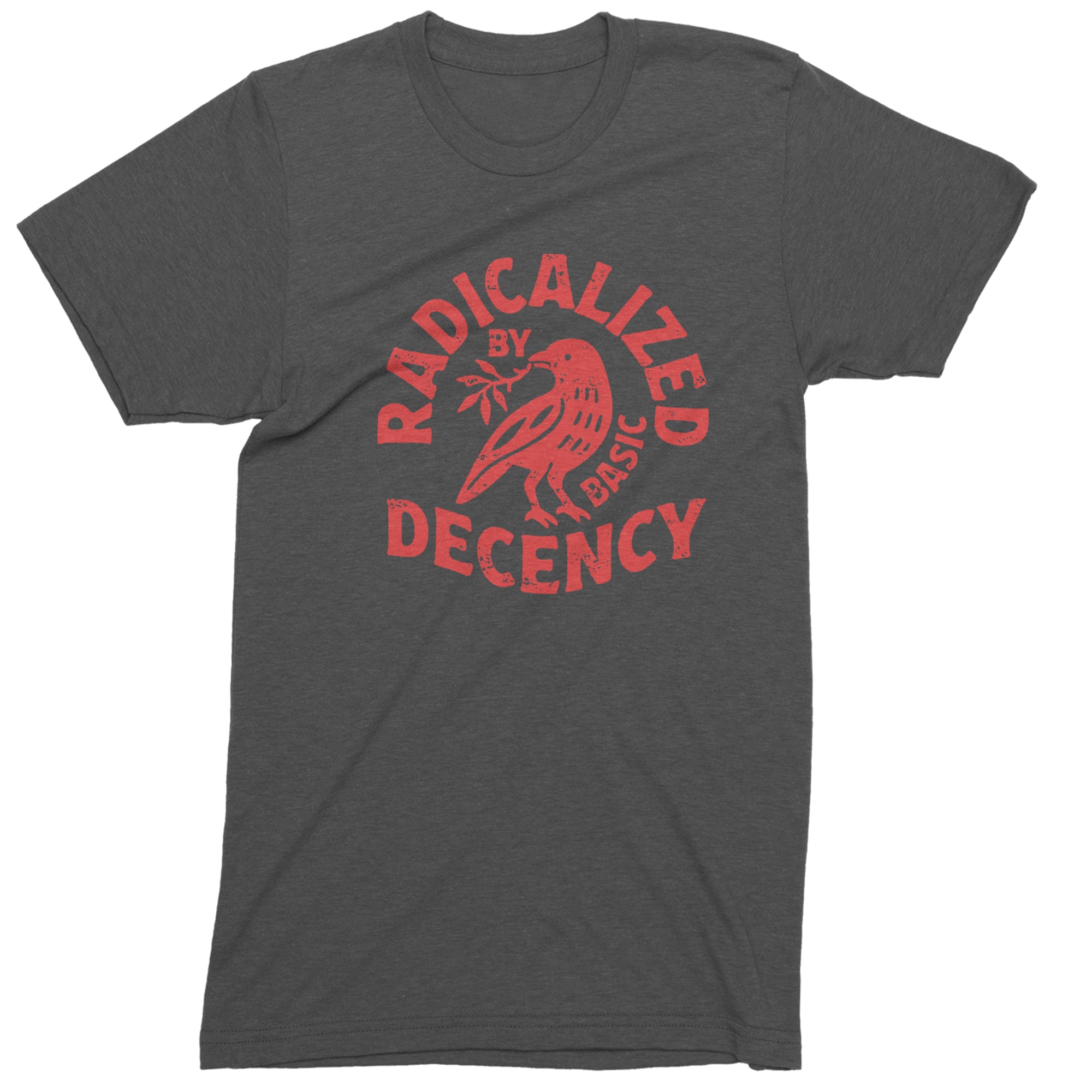 Radicalized by Basic Decency Dove Protest Statement Mens T-shirt Charcoal Grey