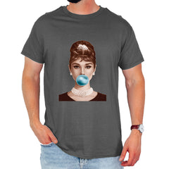 Audrey Hepburn Chewing Bubble Gum American Icon Mens T-shirt Charcoal Grey