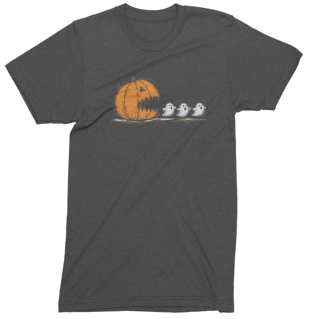 Pumpkin Pacman Chasing Ghosts Halloween Mens T-shirt Charcoal Grey