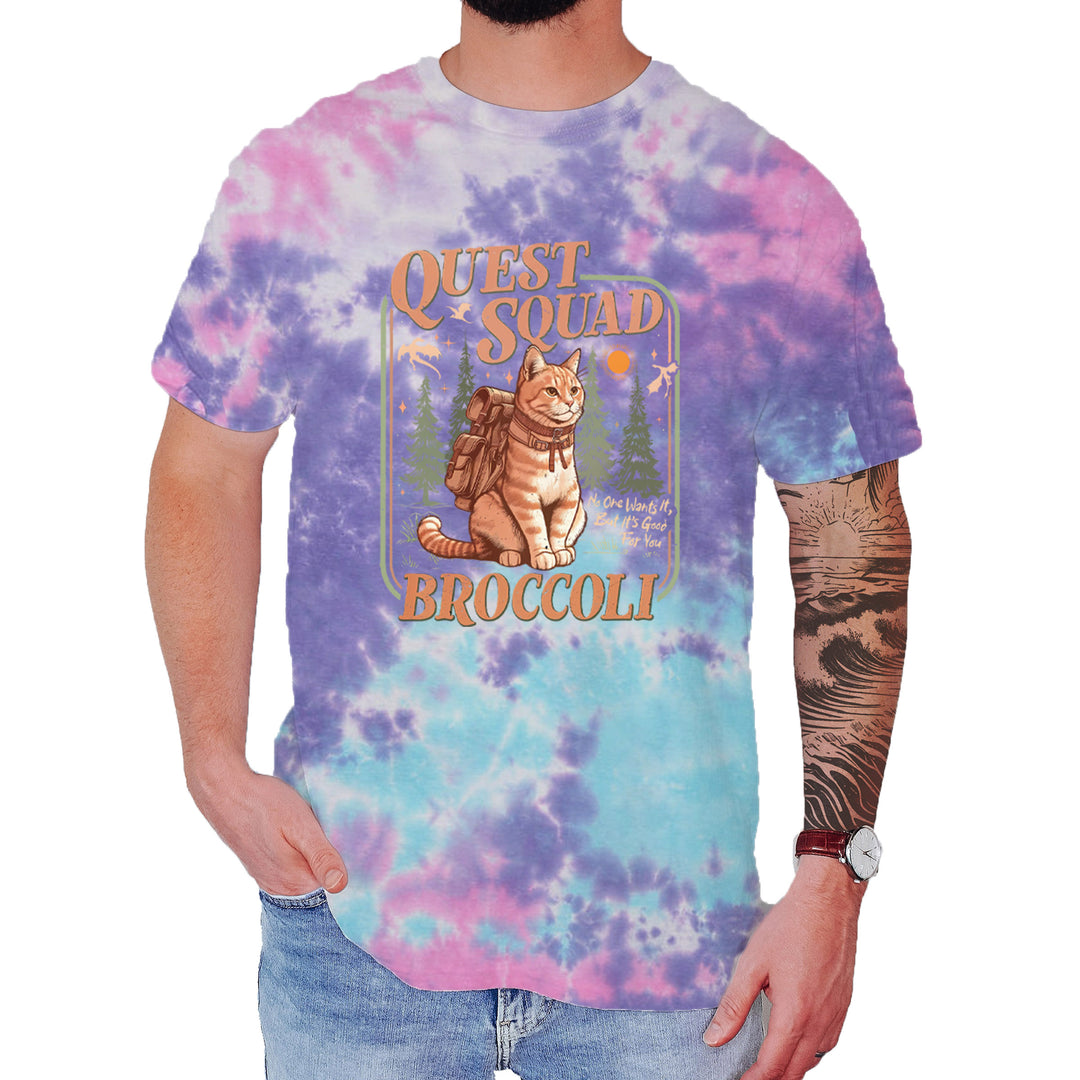 Quest Squad Broccoli Cat Fantasy Reader  Mens T-shirt Tie-Dye Cotton Candy