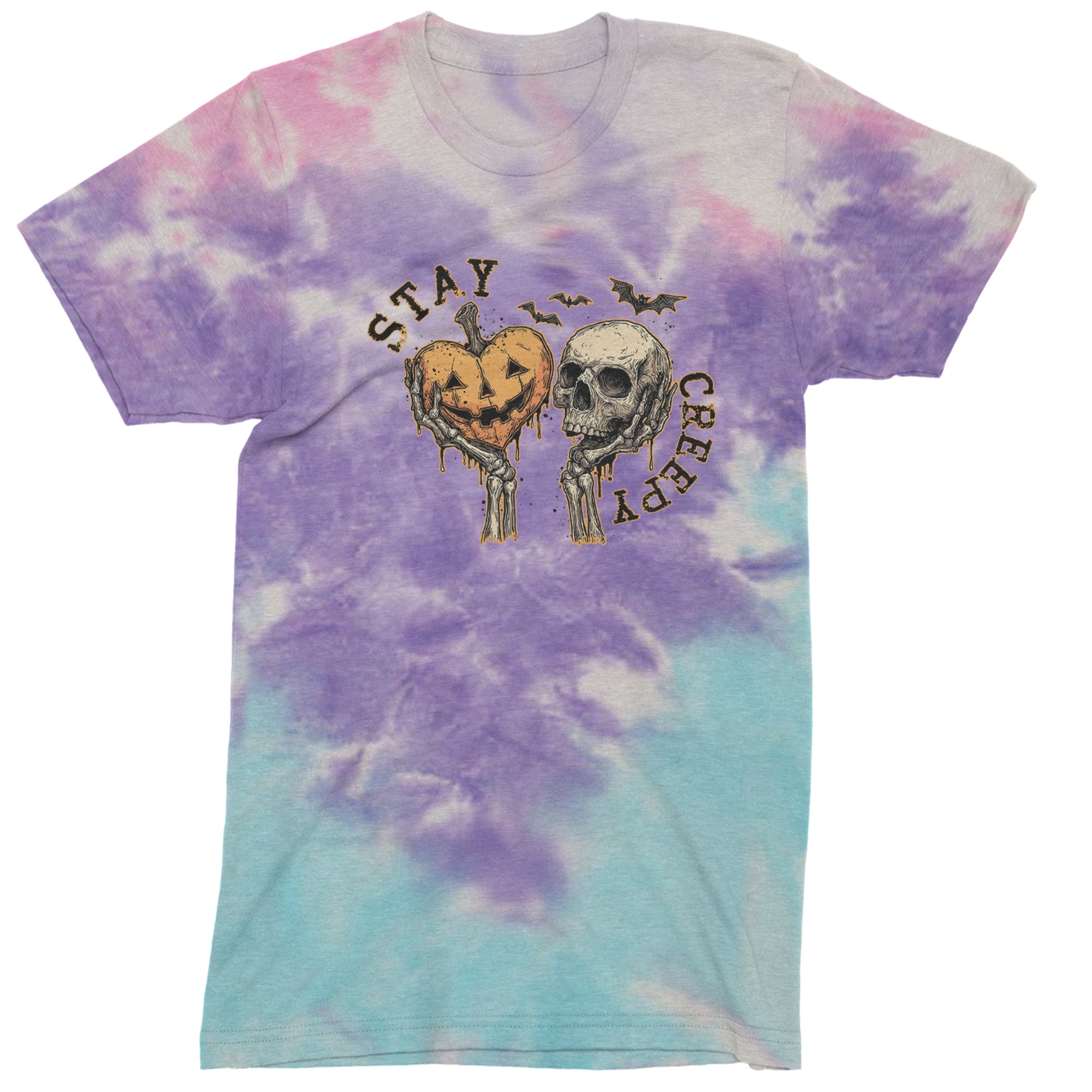 Stay Creepy Skull and Pumpkin Halloween Mens T-shirt Tie-Dye Cotton Candy