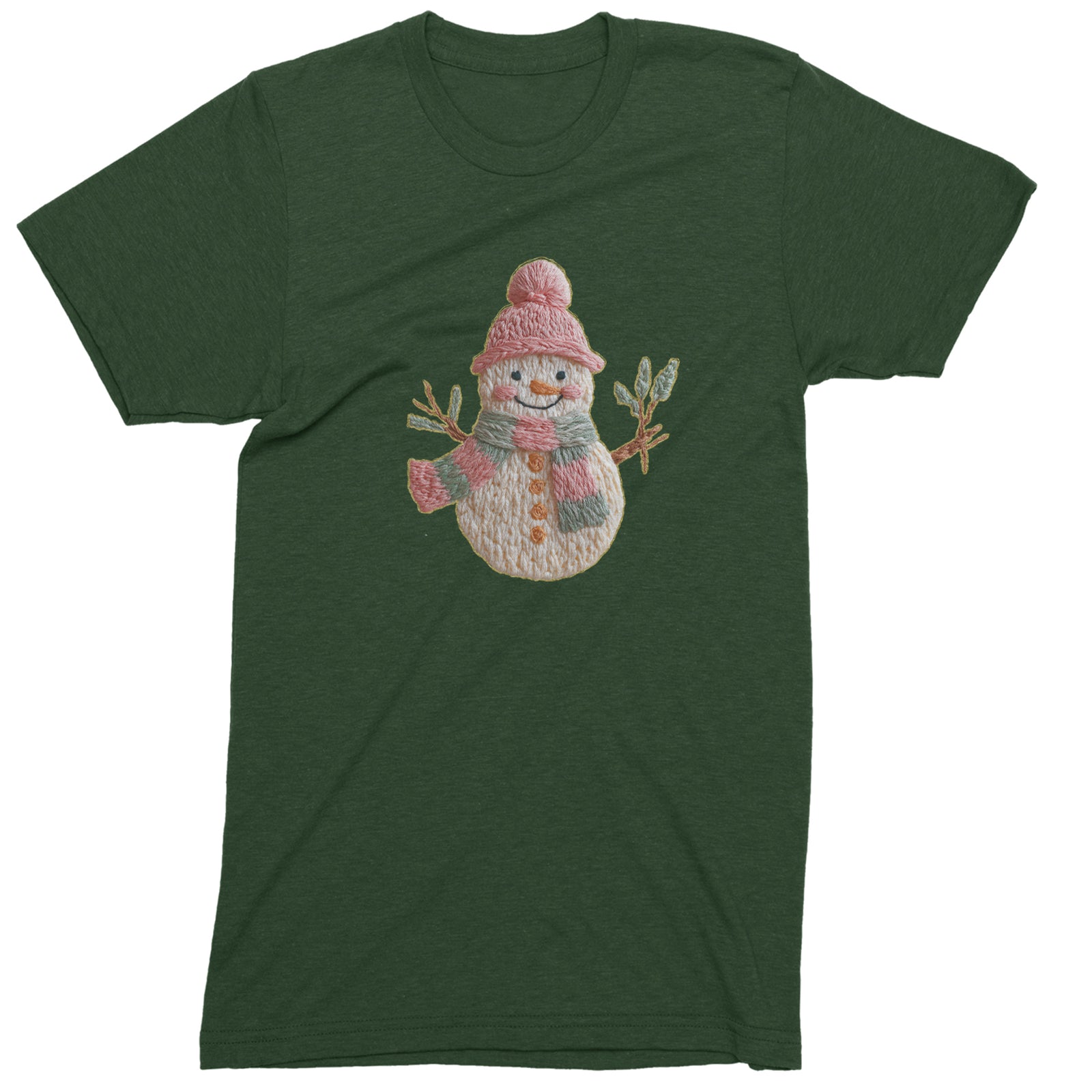 Vintage Snowman Embroidery Art Soft Cottagecore Mens T-shirt Forest Green