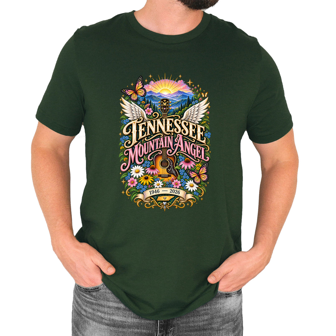 Tennessee Mountain Angel Wings Dolly Mens T-shirt Forest Green