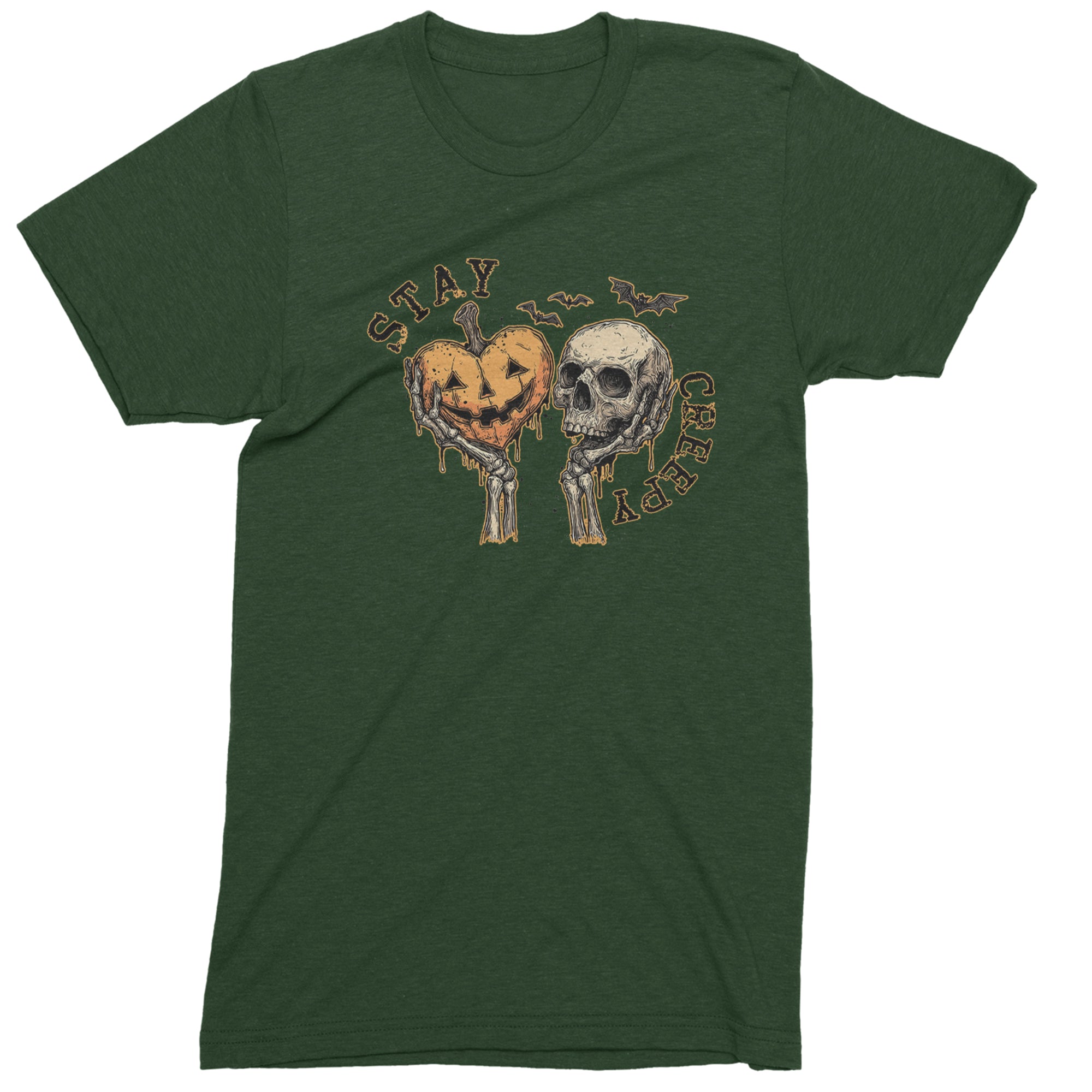 Stay Creepy Skull and Pumpkin Halloween Mens T-shirt Forest Green