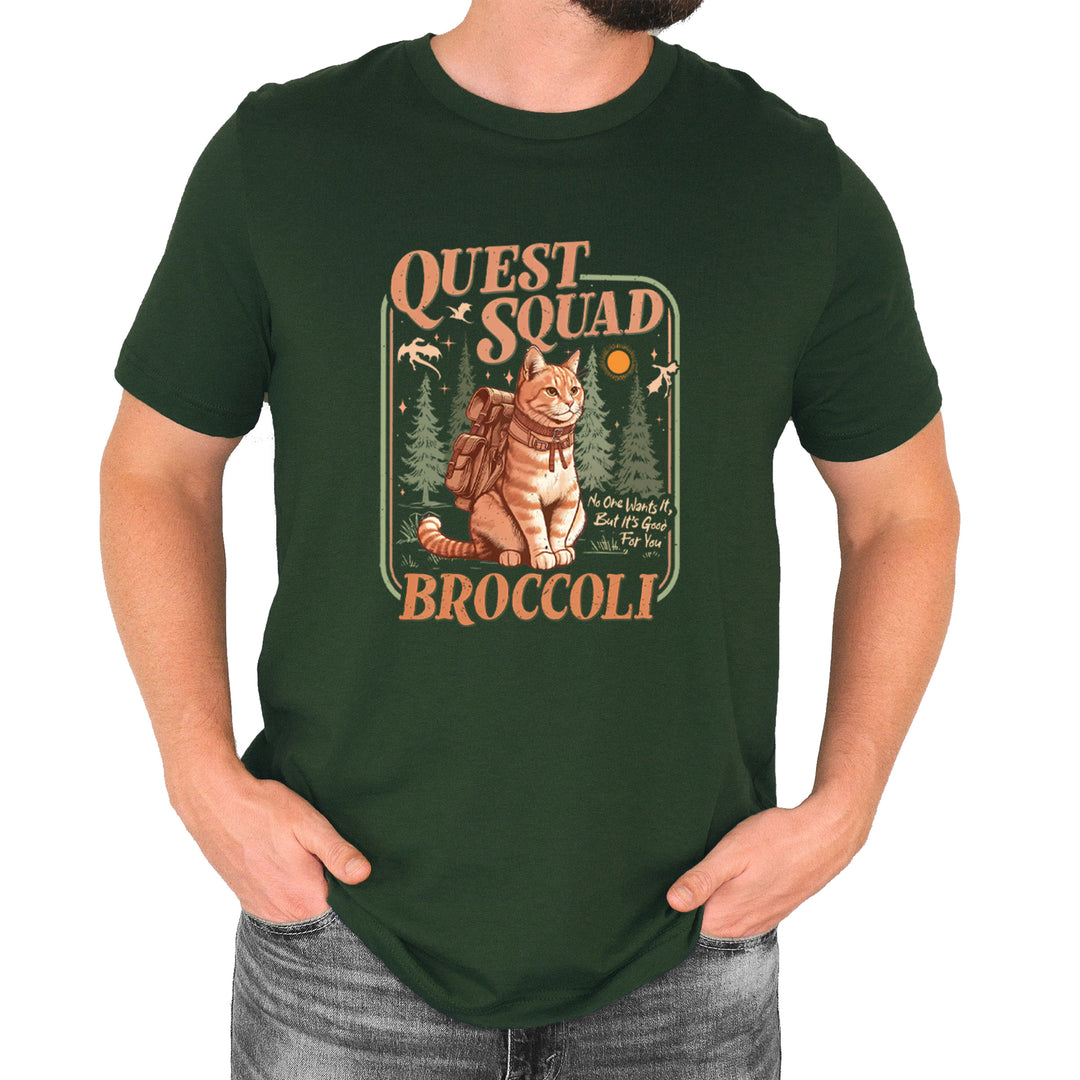 Quest Squad Broccoli Cat Fantasy Reader  Mens T-shirt Forest Green