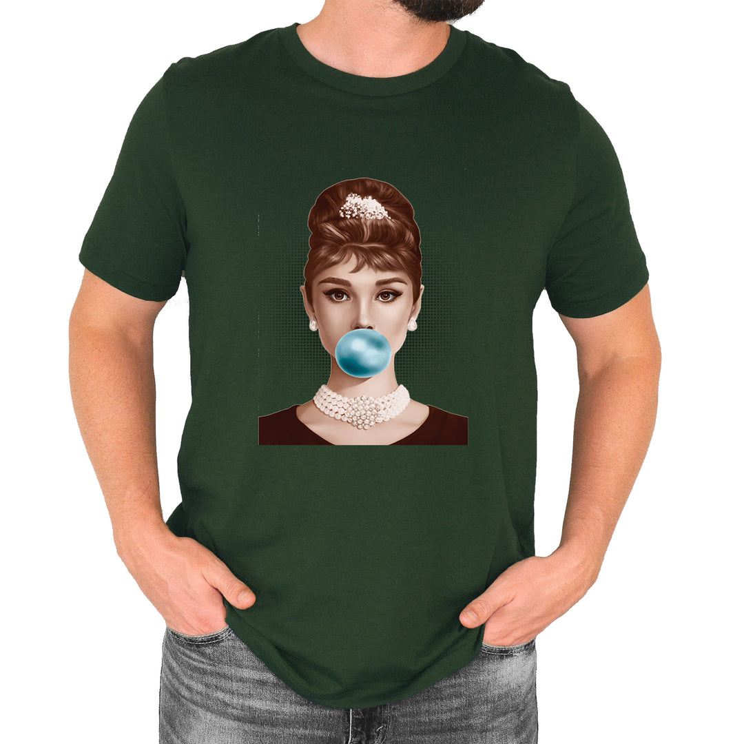 Audrey Hepburn Chewing Bubble Gum American Icon Mens T-shirt Forest Green