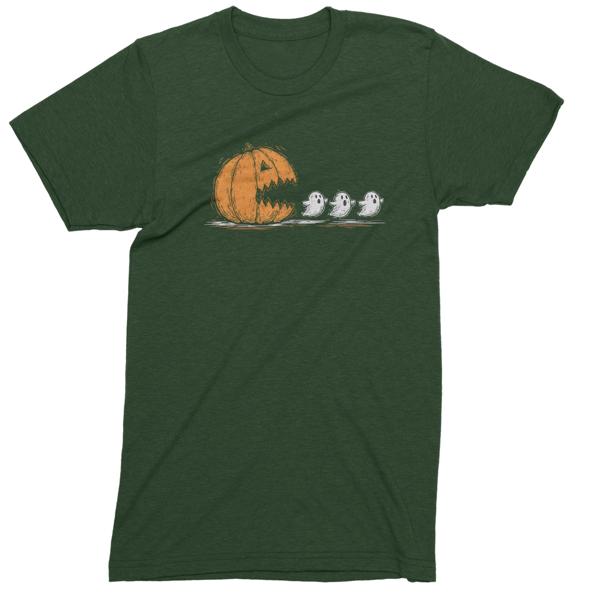 Pumpkin Pacman Chasing Ghosts Halloween Mens T-shirt Forest Green