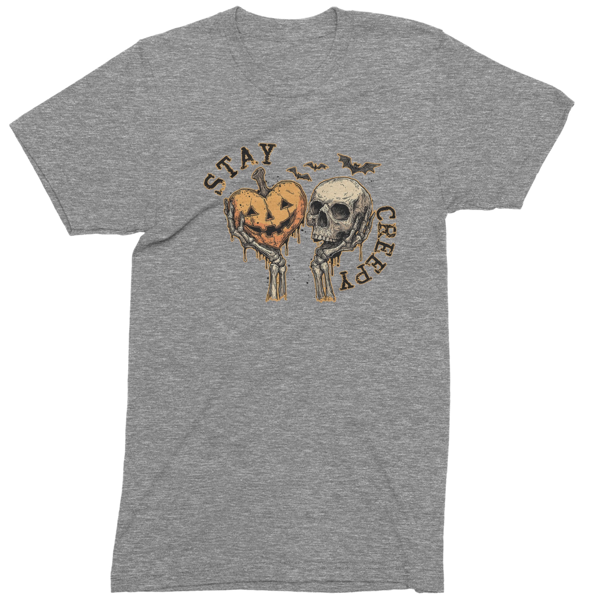 Stay Creepy Skull and Pumpkin Halloween Mens T-shirt Heather Grey