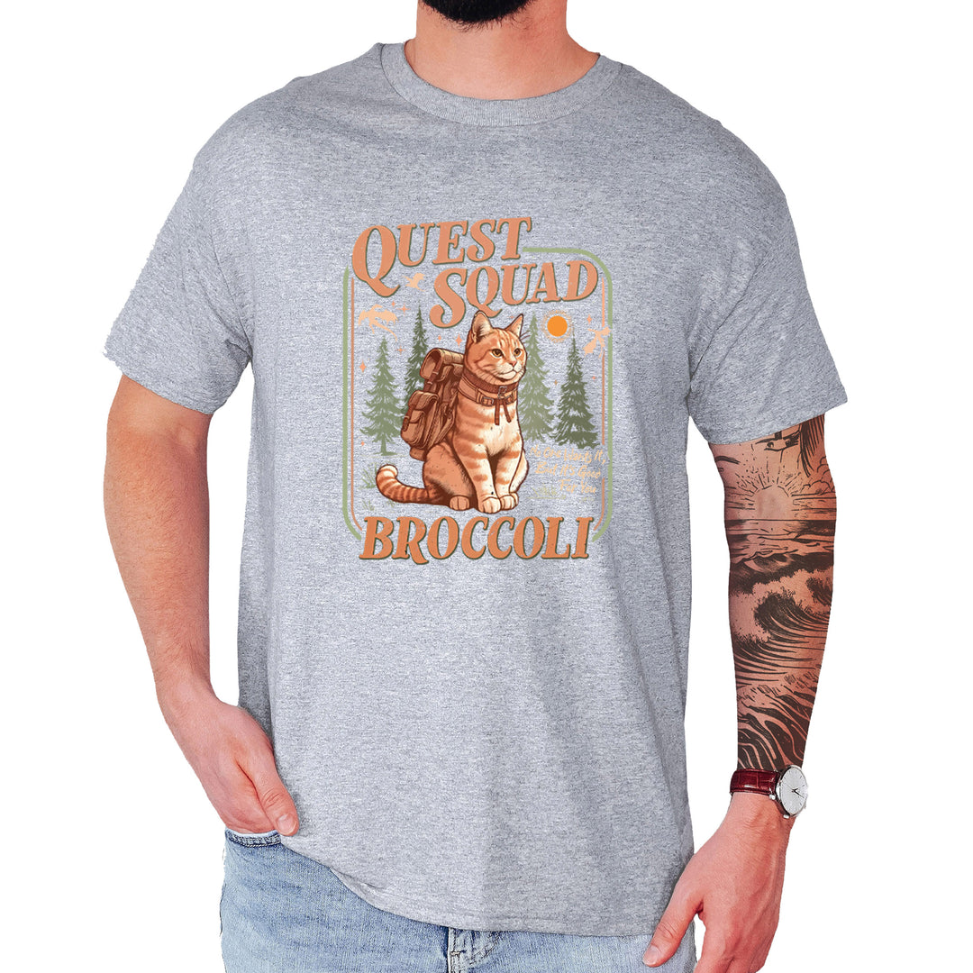 Quest Squad Broccoli Cat Fantasy Reader  Mens T-shirt Heather Grey