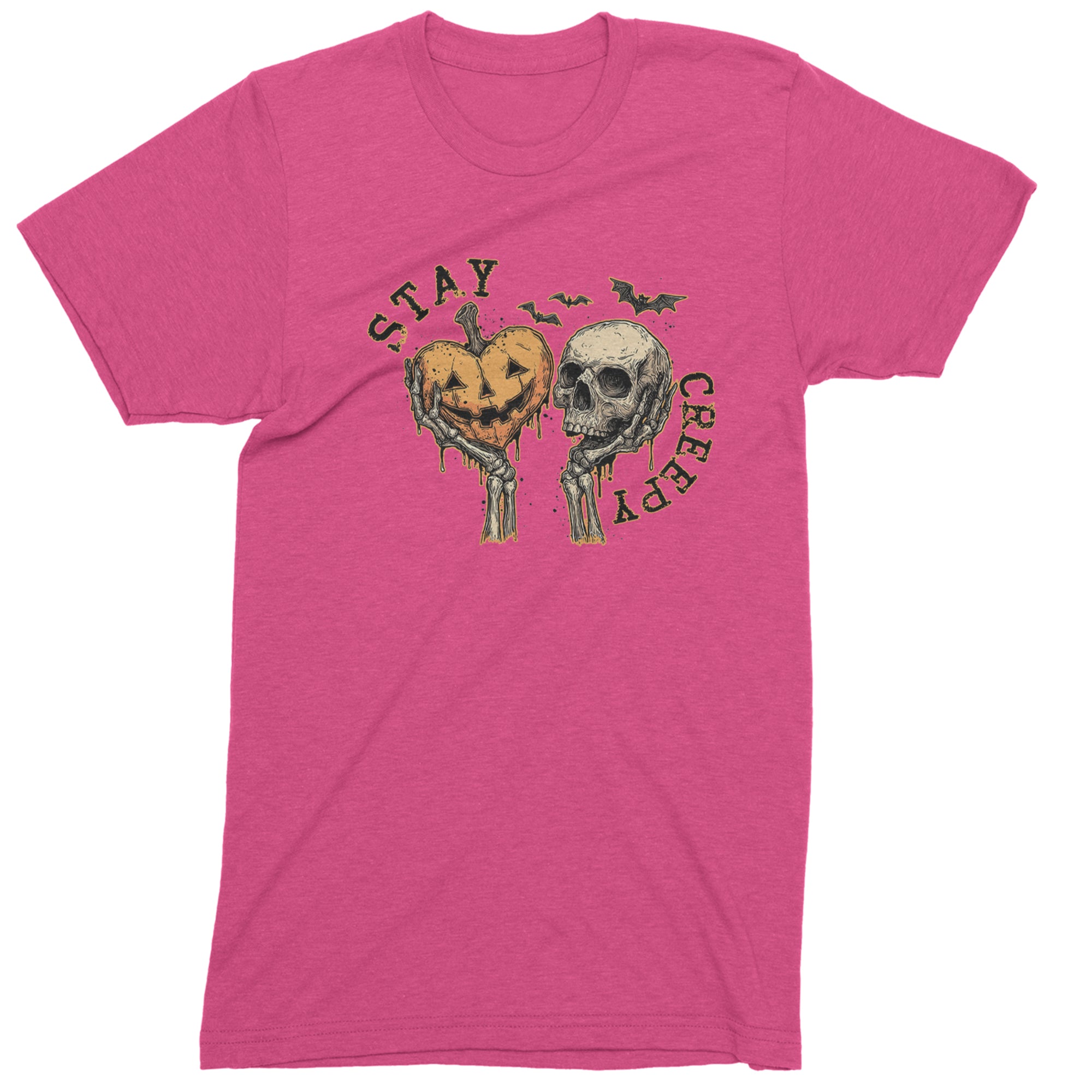 Stay Creepy Skull and Pumpkin Halloween Mens T-shirt Hot Pink