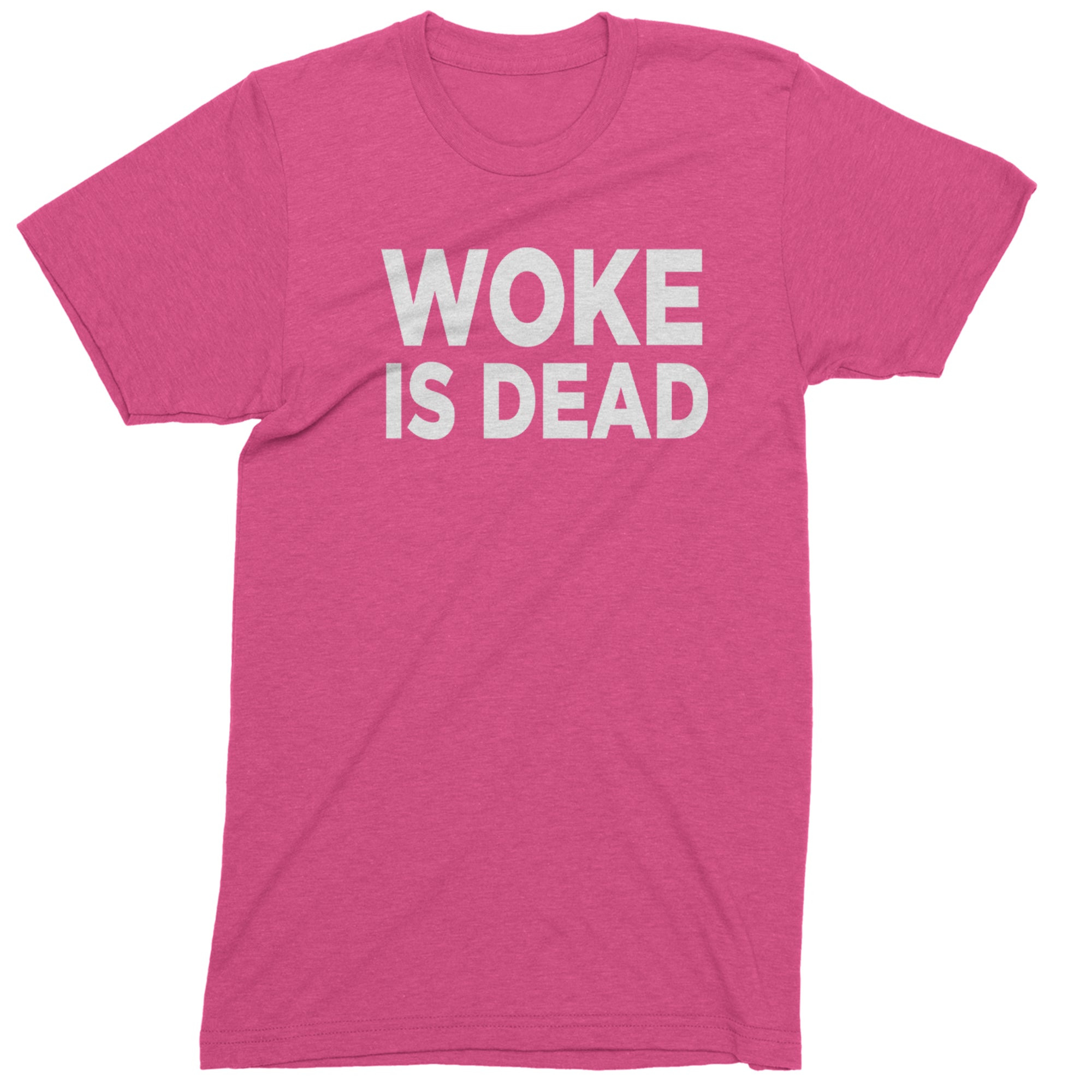 Woke Is Dead Satire Mens T-shirt Hot Pink