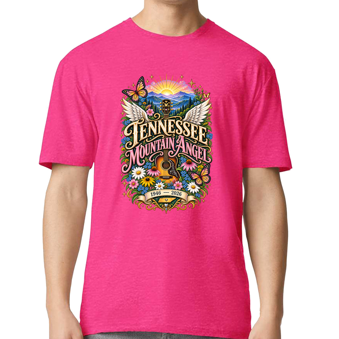 Tennessee Mountain Angel Wings Dolly Mens T-shirt Hot Pink