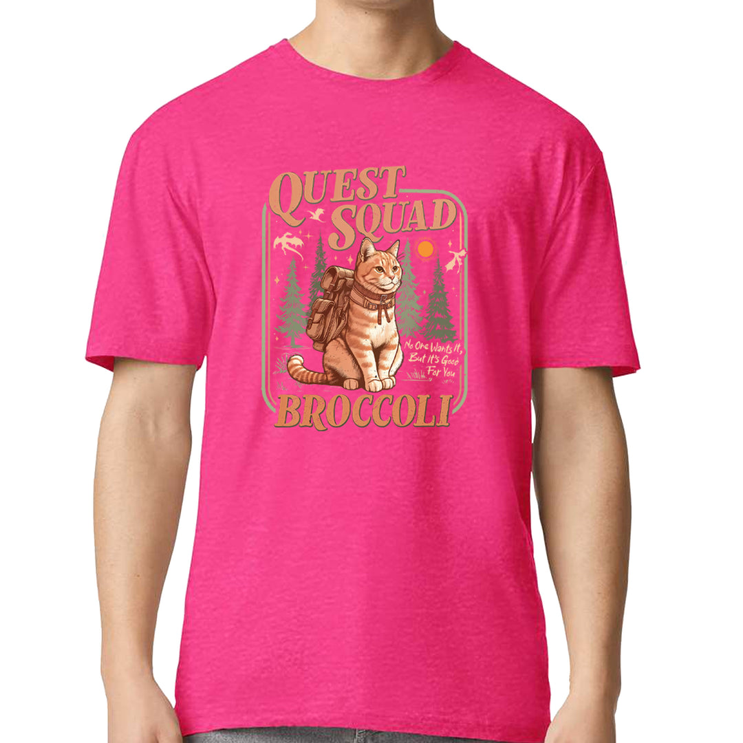 Quest Squad Broccoli Cat Fantasy Reader  Mens T-shirt Hot Pink
