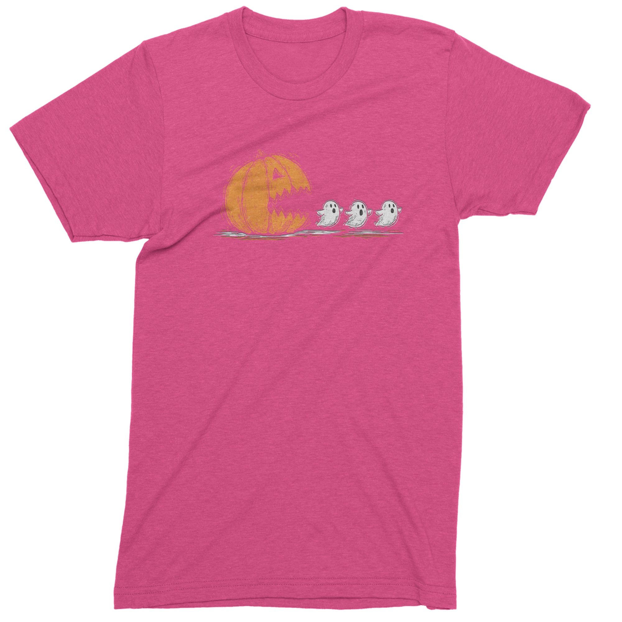 Pumpkin Pacman Chasing Ghosts Halloween Mens T-shirt Hot Pink