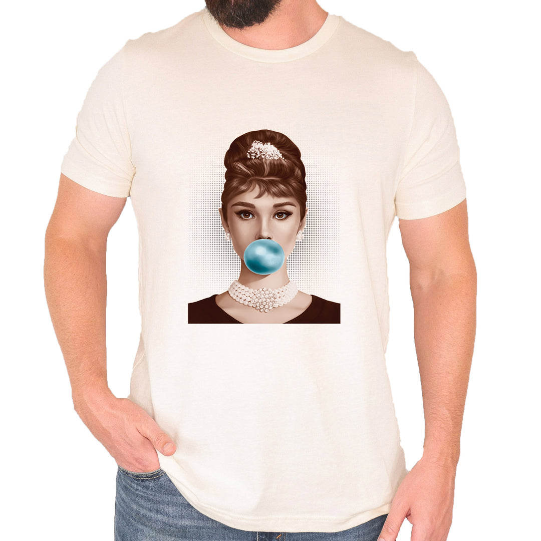 Audrey Hepburn Chewing Bubble Gum American Icon Mens T-shirt Ivory