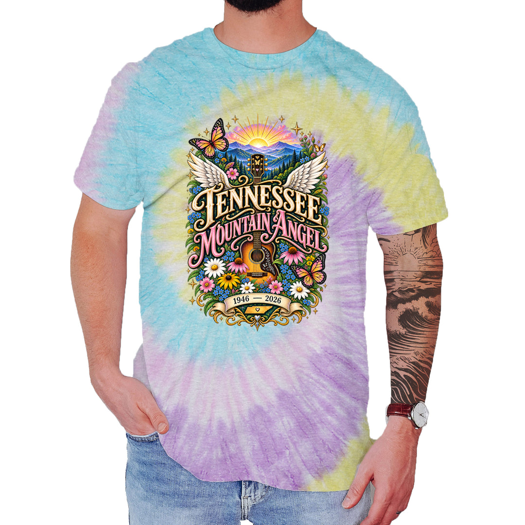 Tennessee Mountain Angel Wings Dolly Mens T-shirt Tie-Dye Jellybean