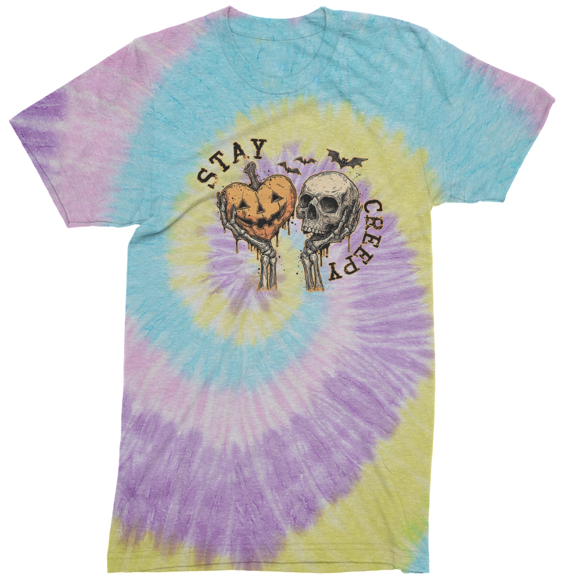 Stay Creepy Skull and Pumpkin Halloween Mens T-shirt Tie-Dye Jellybean