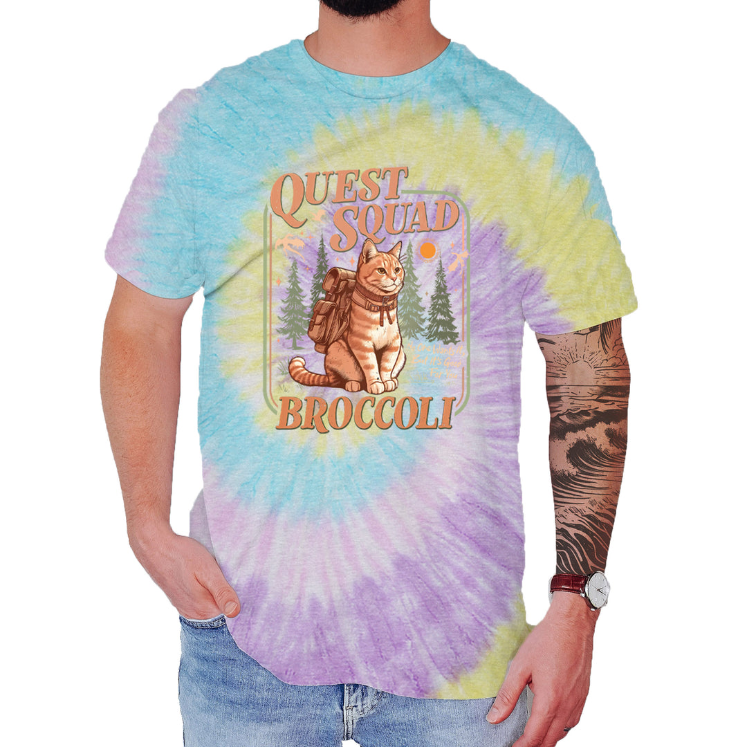 Quest Squad Broccoli Cat Fantasy Reader  Mens T-shirt Tie-Dye Jellybean