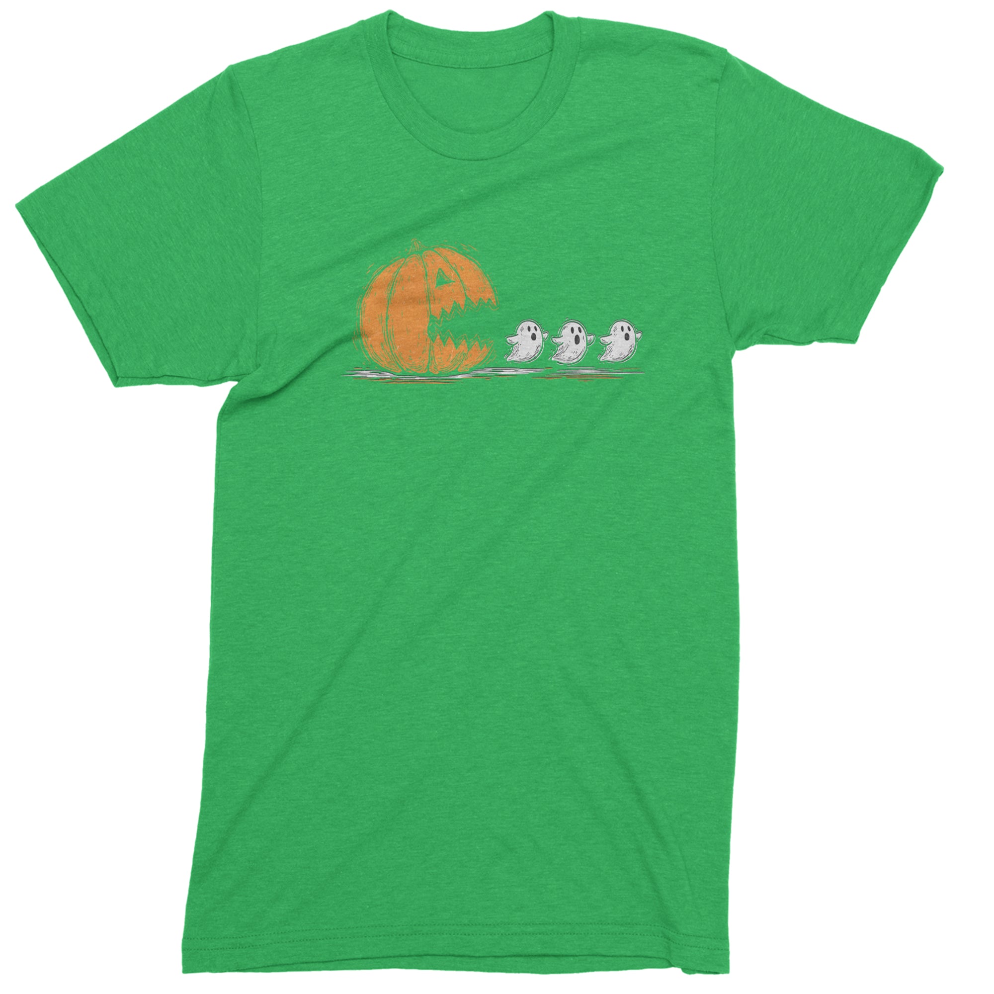 Pumpkin Pacman Chasing Ghosts Halloween Mens T-shirt Kelly Green