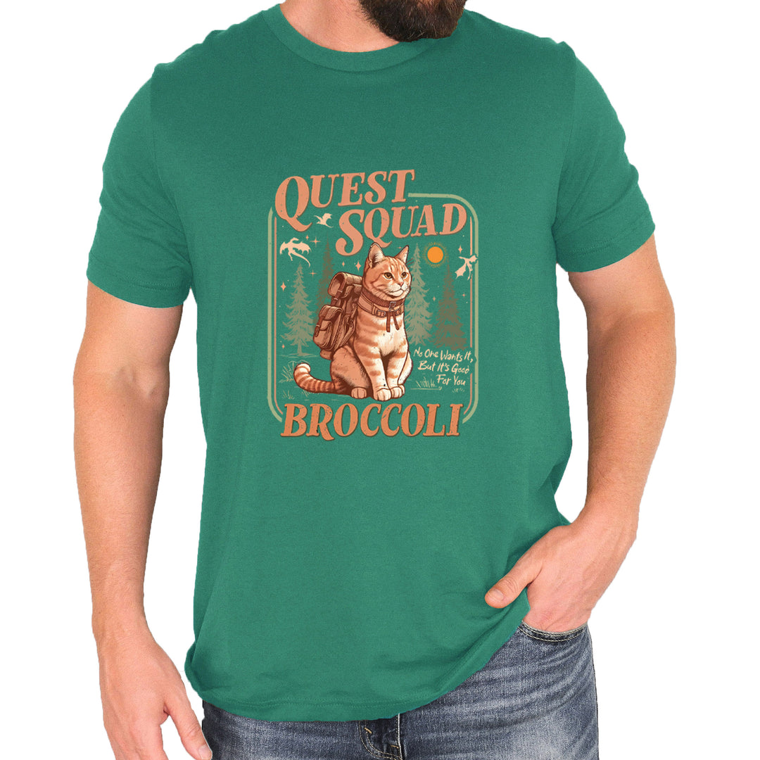 Quest Squad Broccoli Cat Fantasy Reader  Mens T-shirt Kelly Green