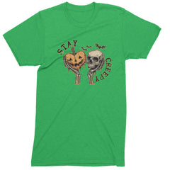 Stay Creepy Skull and Pumpkin Halloween Mens T-shirt Kelly Green