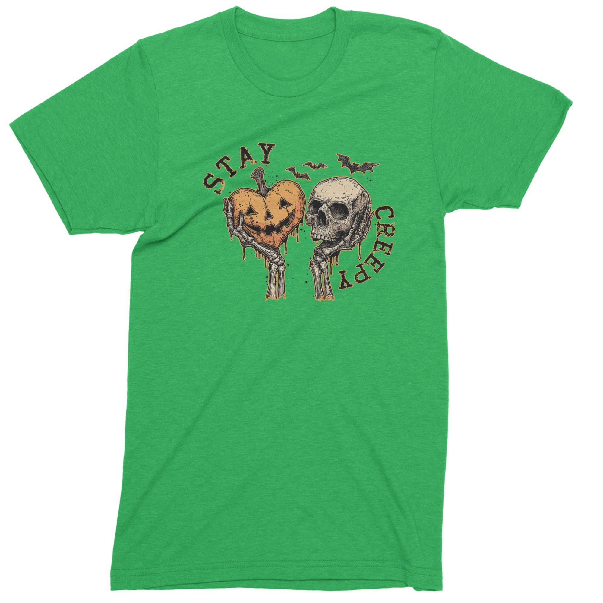 Stay Creepy Skull and Pumpkin Halloween Mens T-shirt Kelly Green