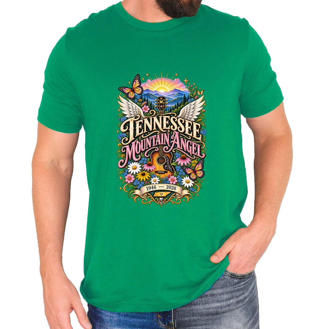 Tennessee Mountain Angel Wings Dolly Mens T-shirt Kelly Green