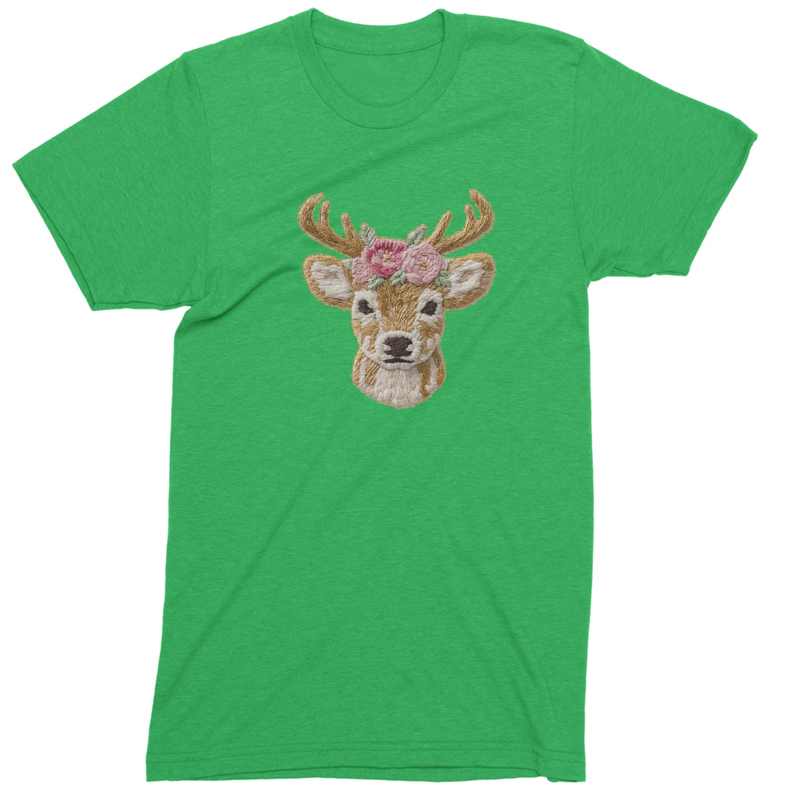 Vintage Reindeer Embroidery Art Soft Cottagecore Mens T-shirt Kelly Green
