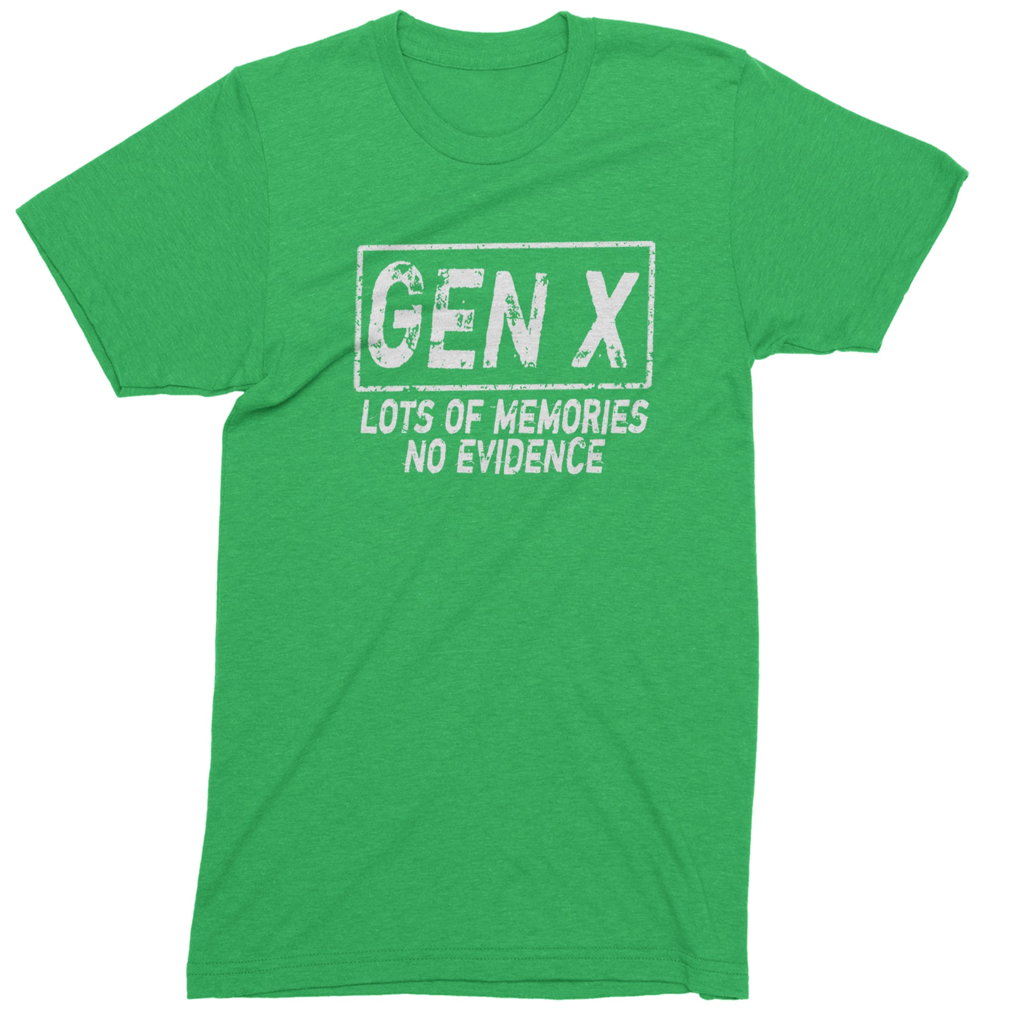 Gen X Lots of Memories No Evidence Nostalgia Mens T-shirt Kelly Green