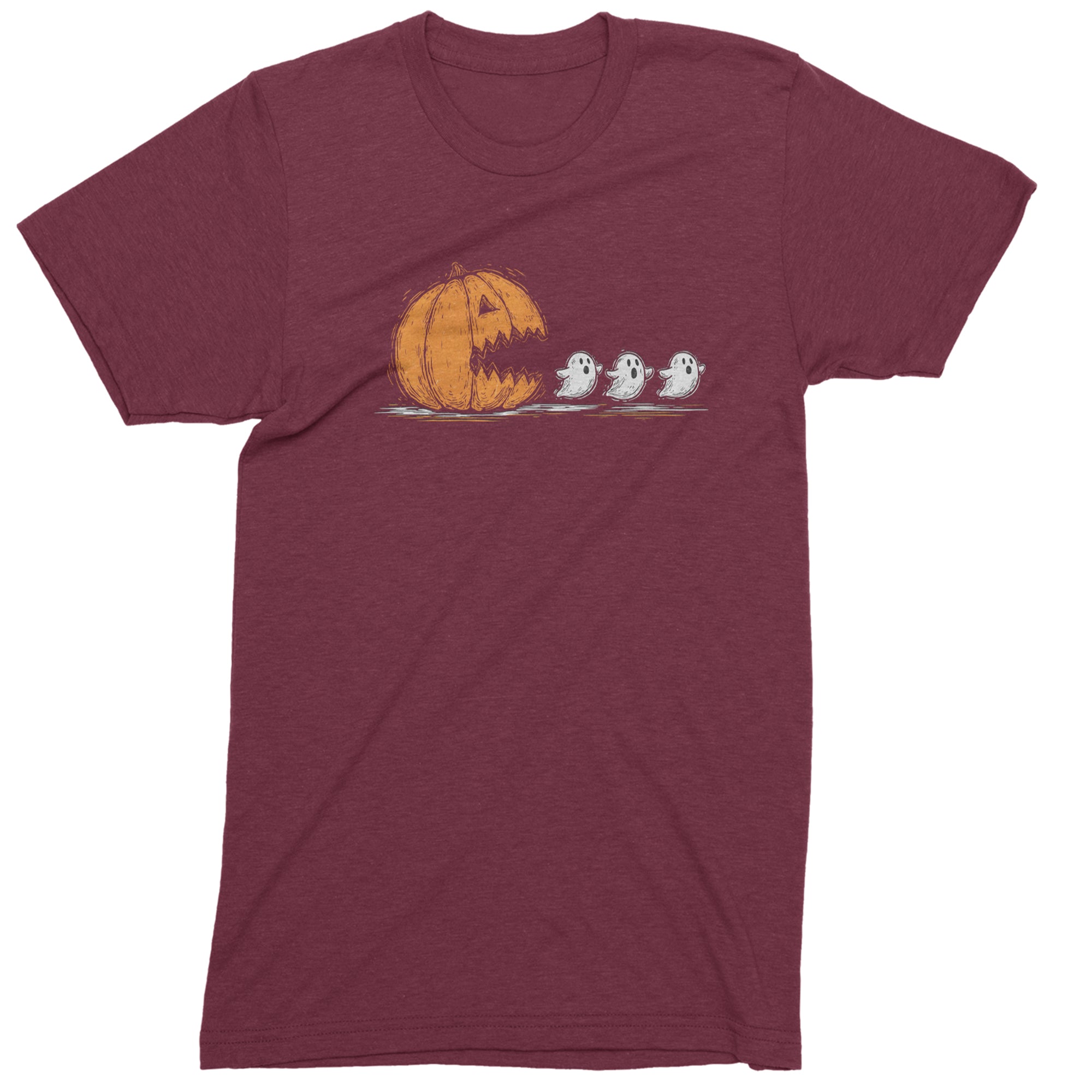 Pumpkin Pacman Chasing Ghosts Halloween Mens T-shirt Maroon