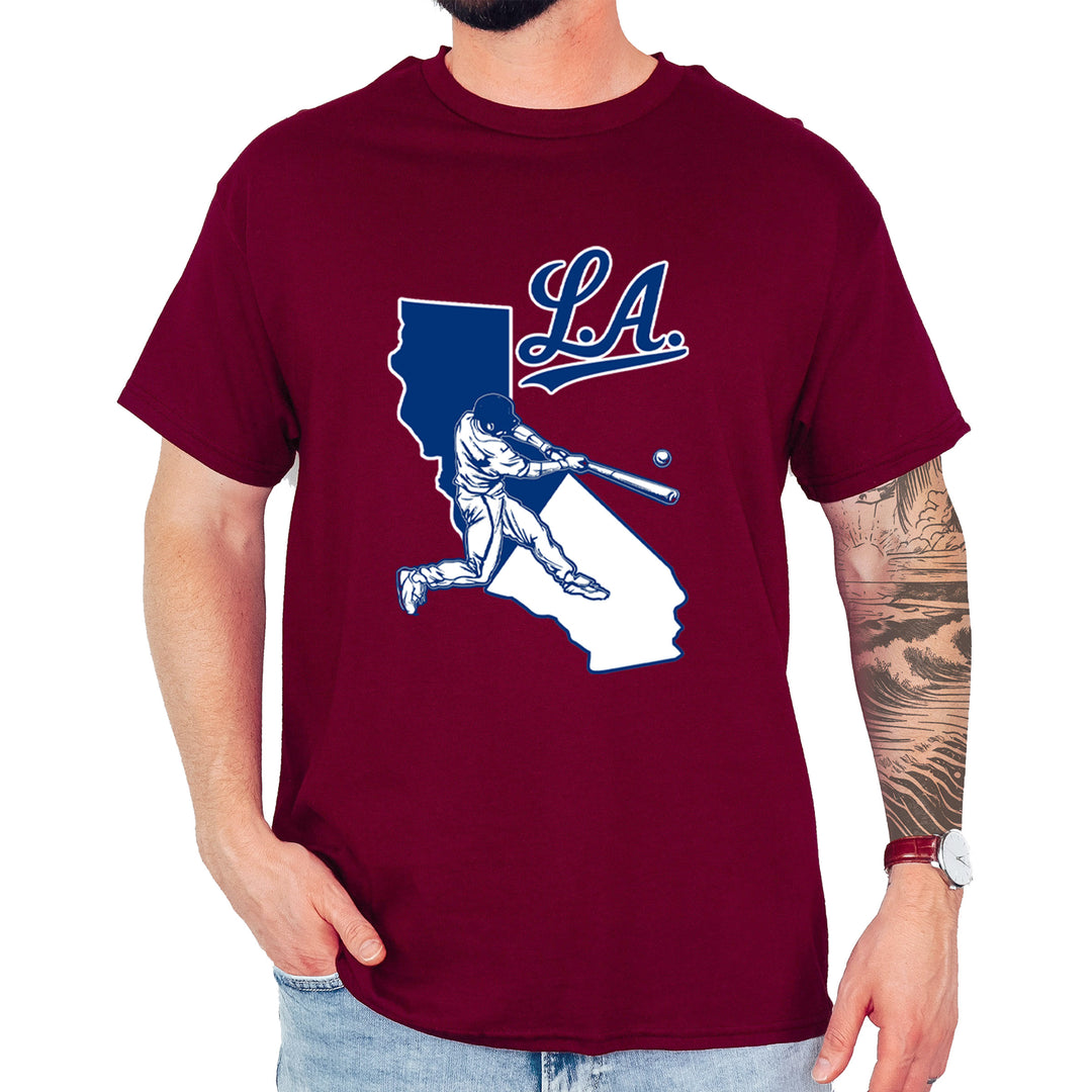 Los Angeles Baseball Batter Up Mens T-shirt Maroon