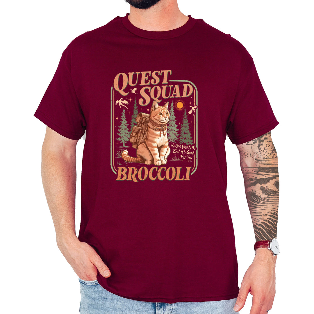 Quest Squad Broccoli Cat Fantasy Reader  Mens T-shirt Maroon