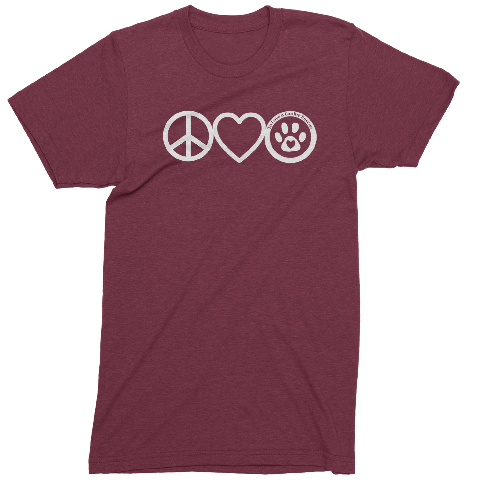 Peace, Love and TLC Dog Rescue Mens T-shirt Maroon