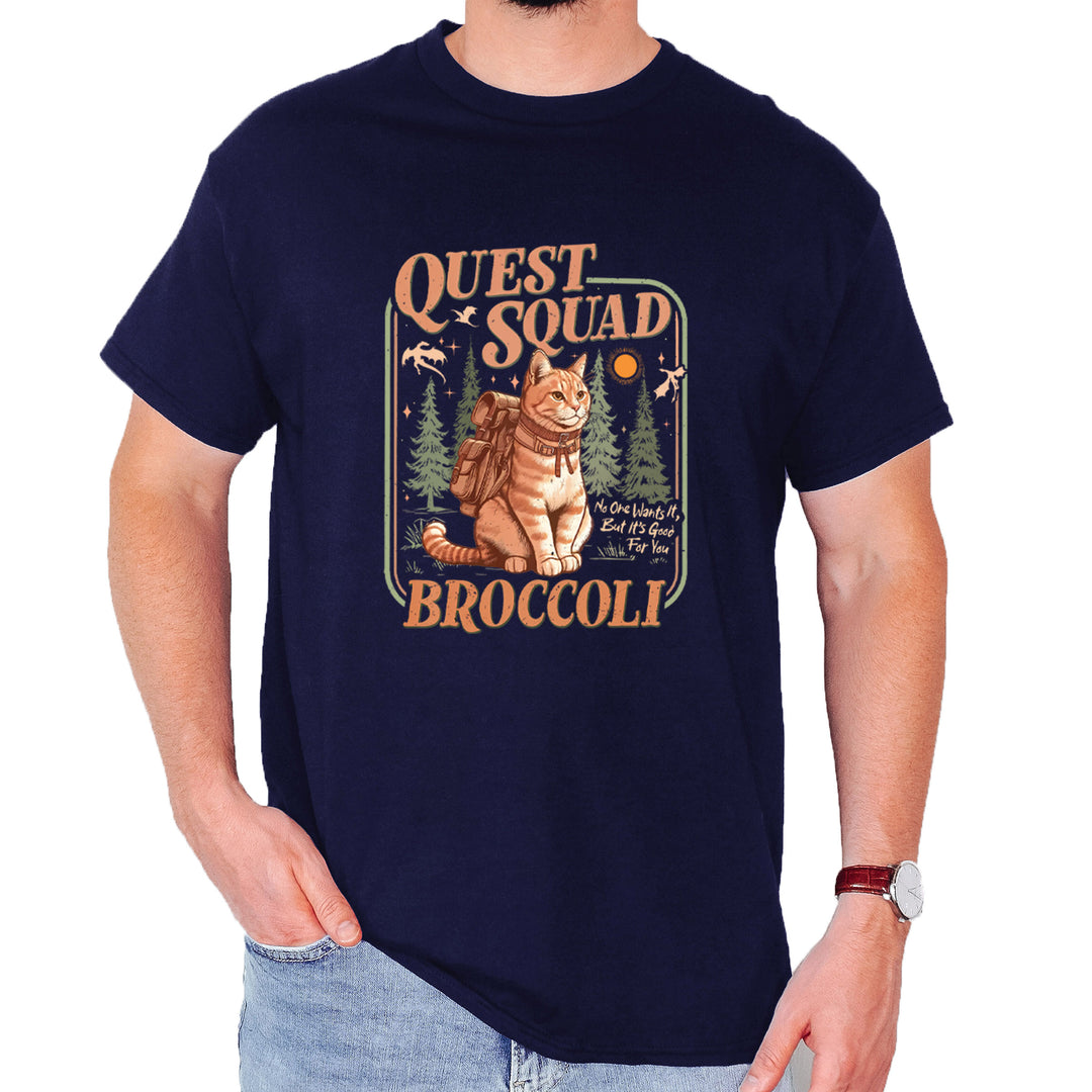 Quest Squad Broccoli Cat Fantasy Reader  Mens T-shirt Navy Blue