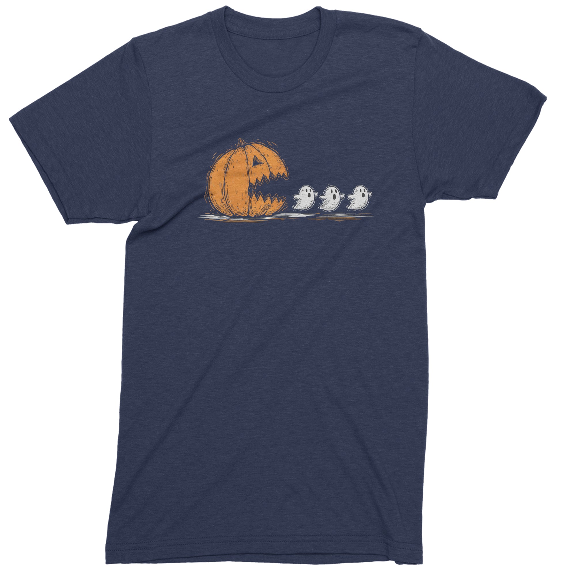 Pumpkin Pacman Chasing Ghosts Halloween Mens T-shirt Navy Blue