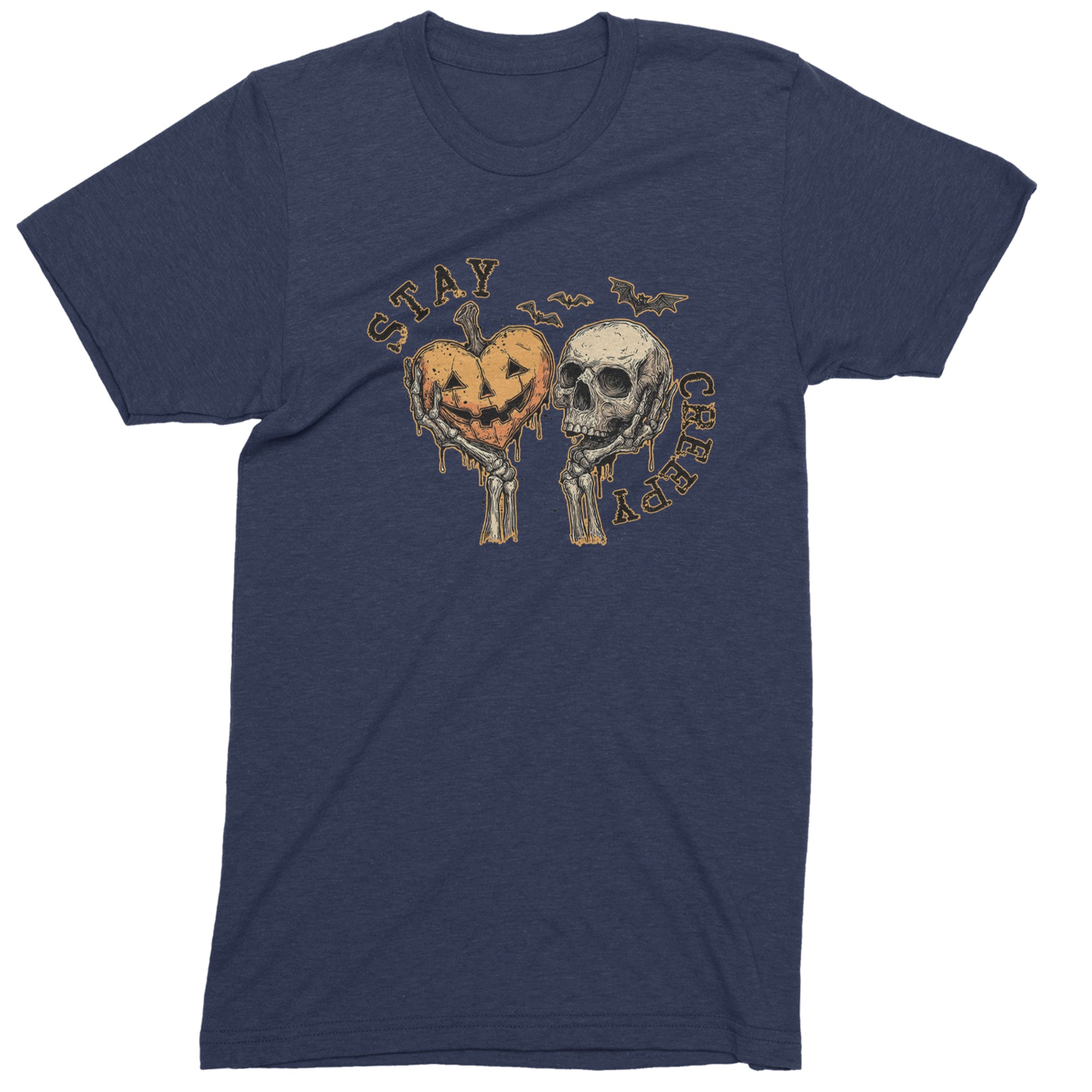 Stay Creepy Skull and Pumpkin Halloween Mens T-shirt Navy Blue