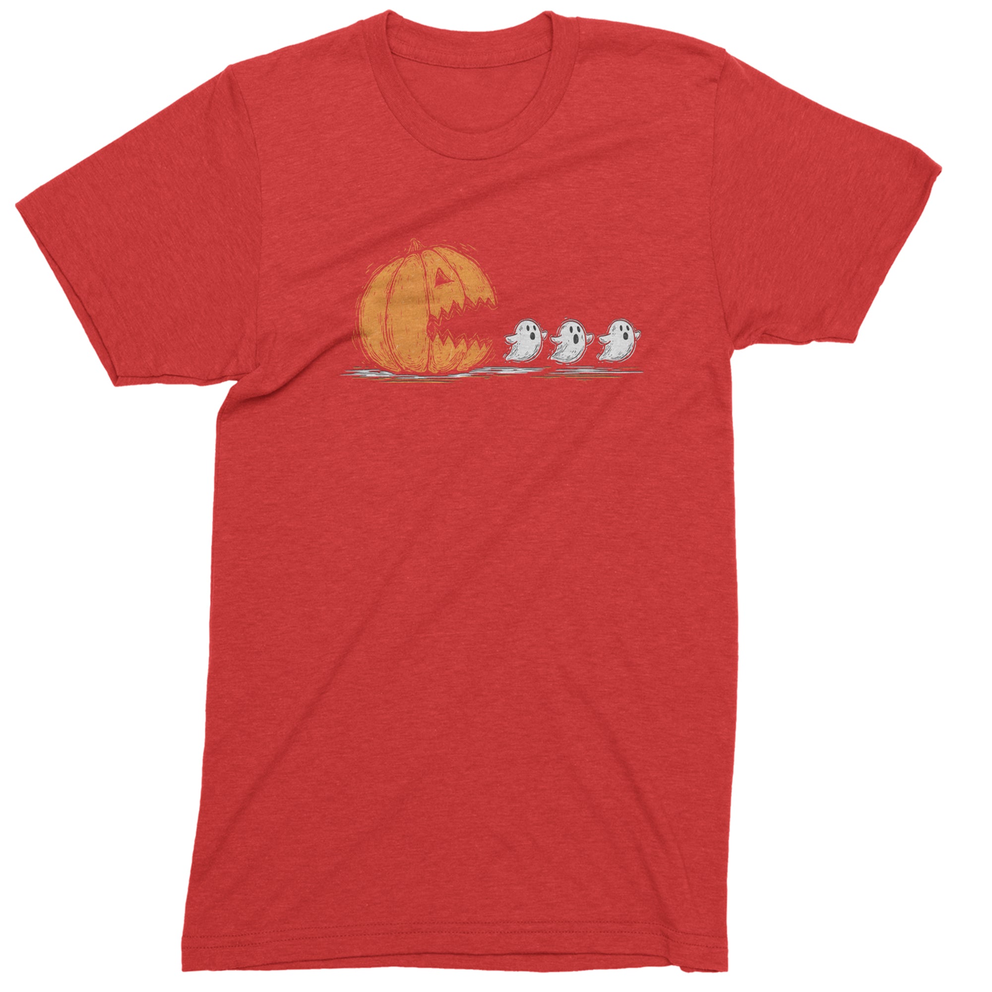 Pumpkin Pacman Chasing Ghosts Halloween Mens T-shirt Red