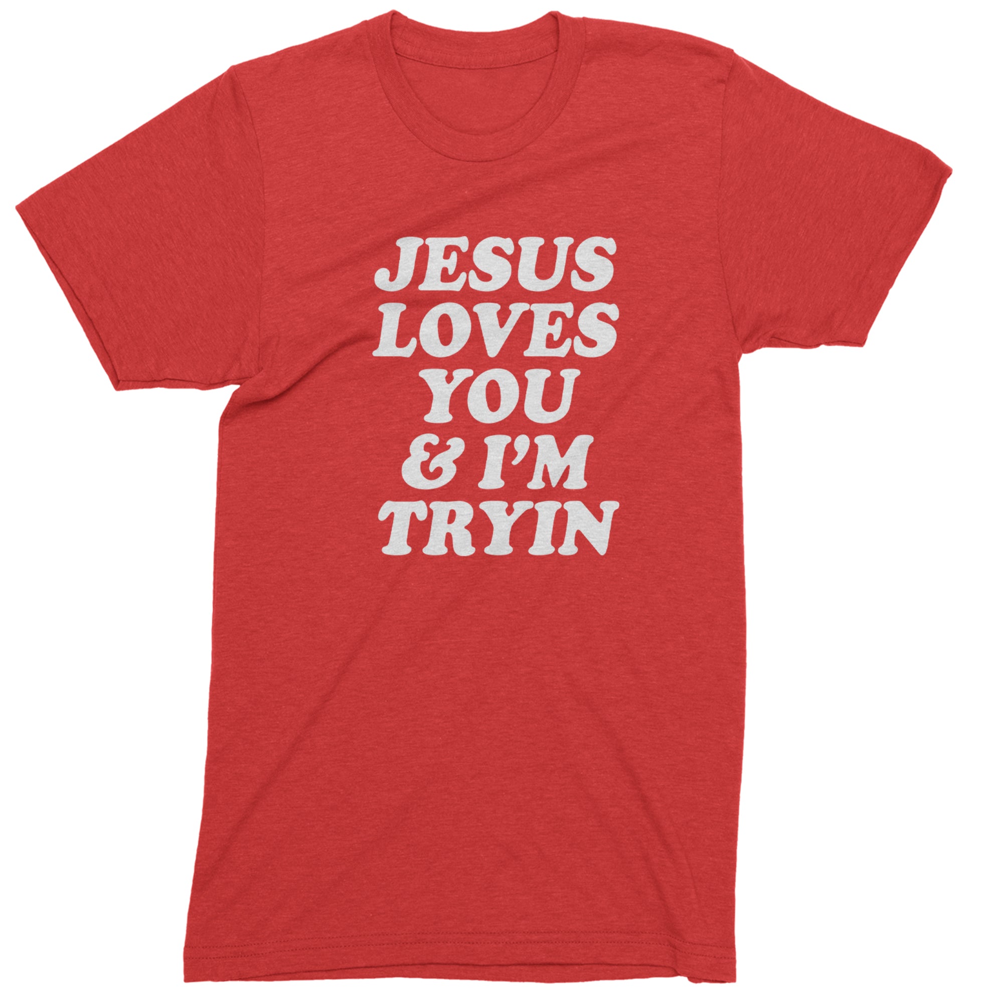 Jesus Loves You and I'm Trying Mens T-shirt Red
