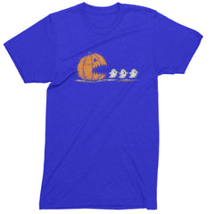 Pumpkin Pacman Chasing Ghosts Halloween Mens T-shirt Royal Blue