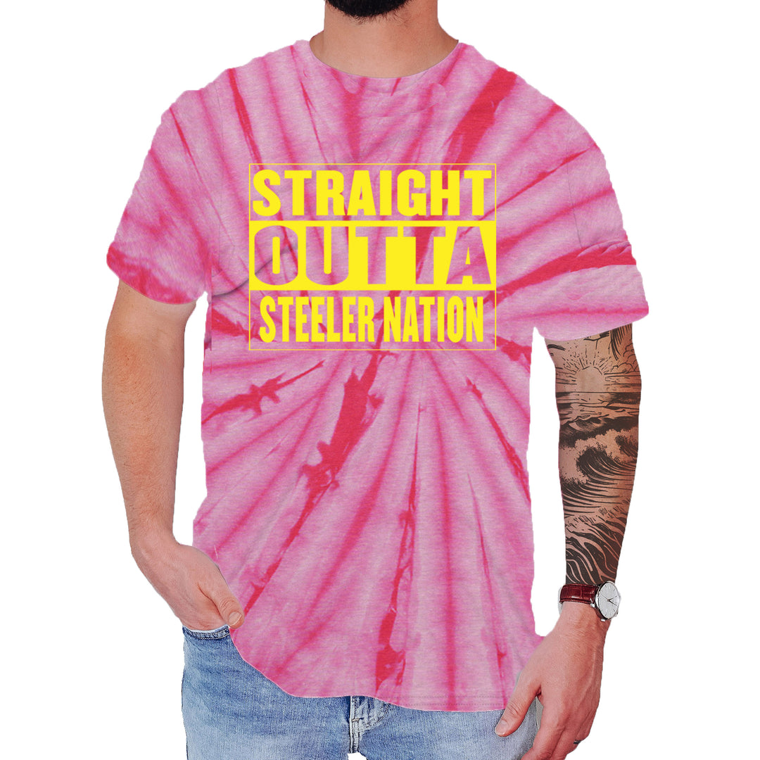 Straight Outta Steeler Nation Football  Mens T-shirt Tie-Dye Spider Pink