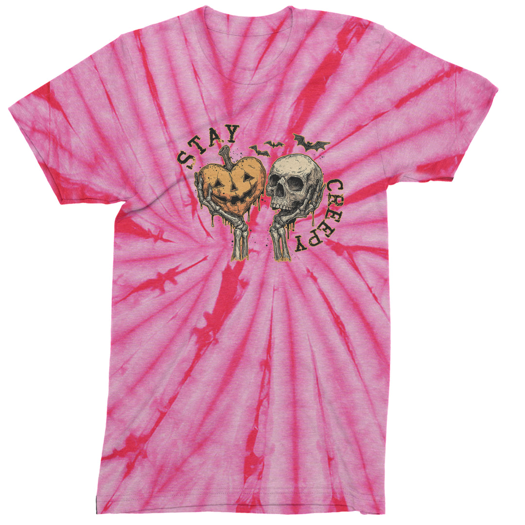 Stay Creepy Skull and Pumpkin Halloween Mens T-shirt Tie-Dye Spider Pink