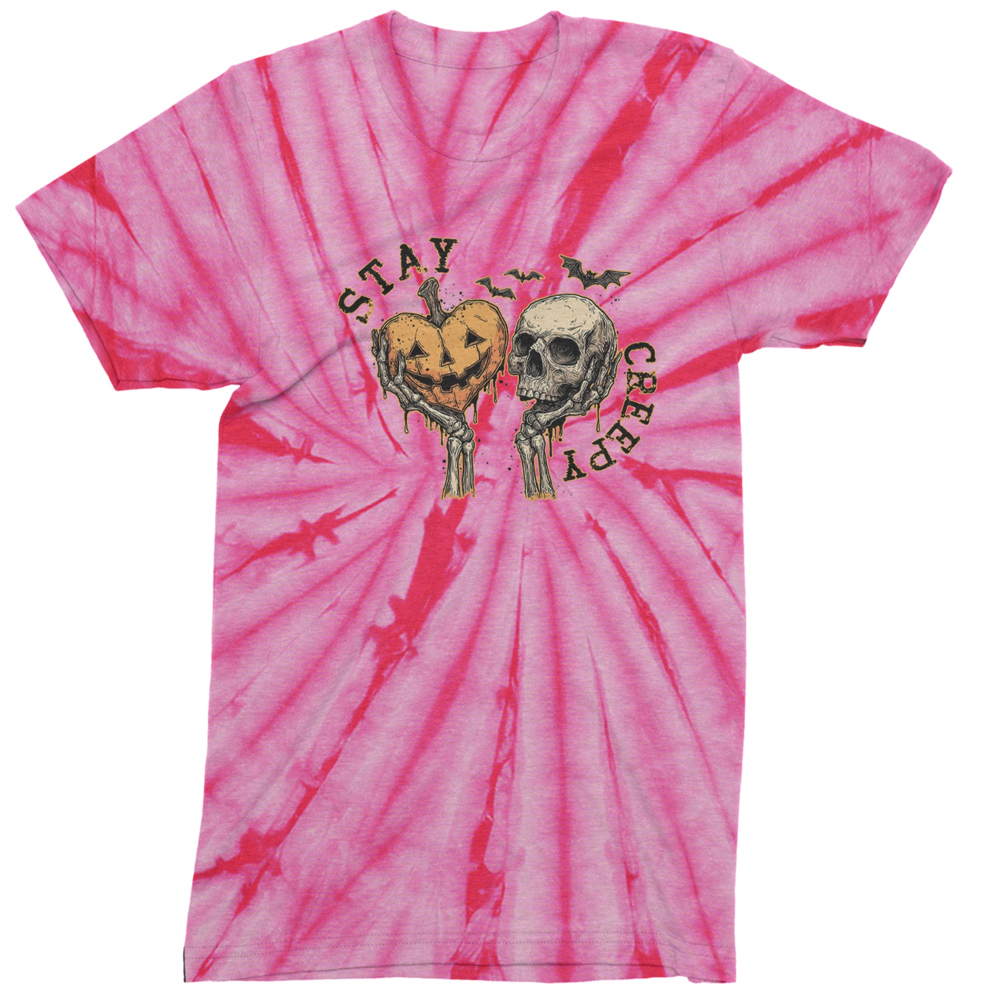 Stay Creepy Skull and Pumpkin Halloween Mens T-shirt Tie-Dye Spider Pink
