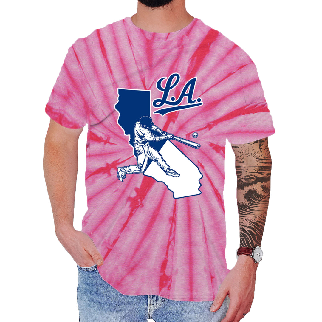 Los Angeles Baseball Batter Up Mens T-shirt Tie-Dye Spider Pink