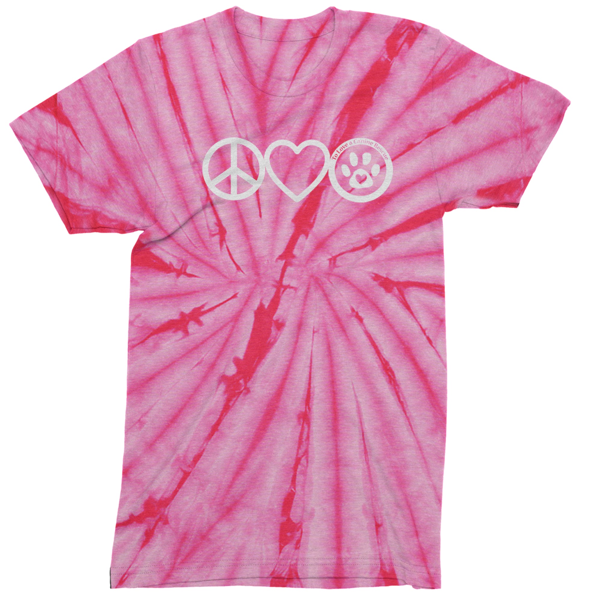 Peace, Love and TLC Dog Rescue Mens T-shirt Tie-Dye Spider Pink