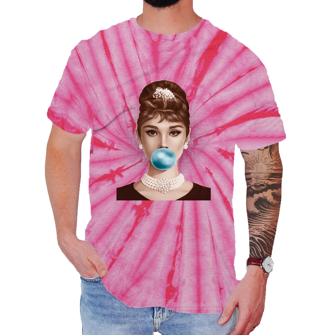 Audrey Hepburn Chewing Bubble Gum American Icon Mens T-shirt Tie-Dye Spider Pink