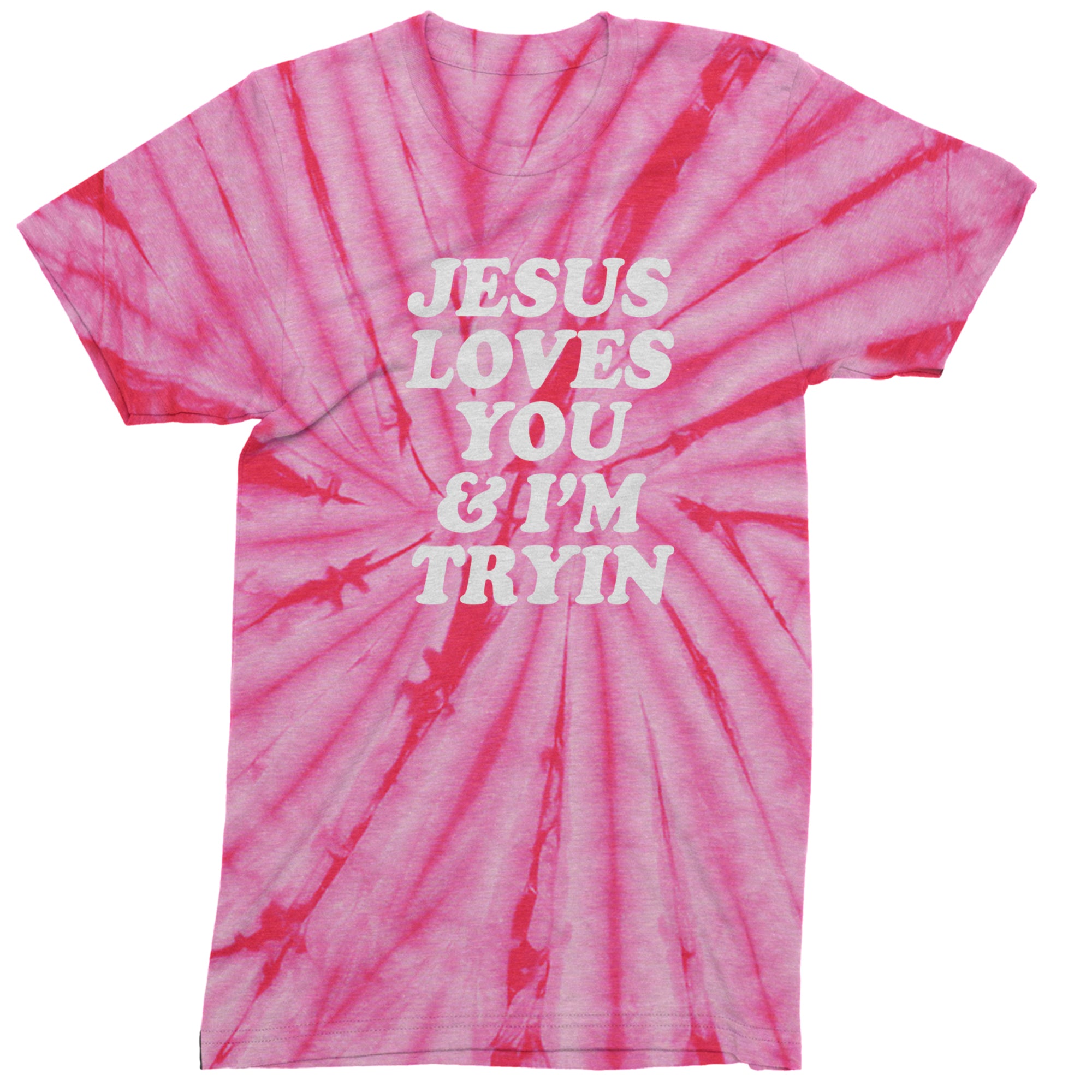 Jesus Loves You and I'm Trying Mens T-shirt Tie-Dye Spider Pink