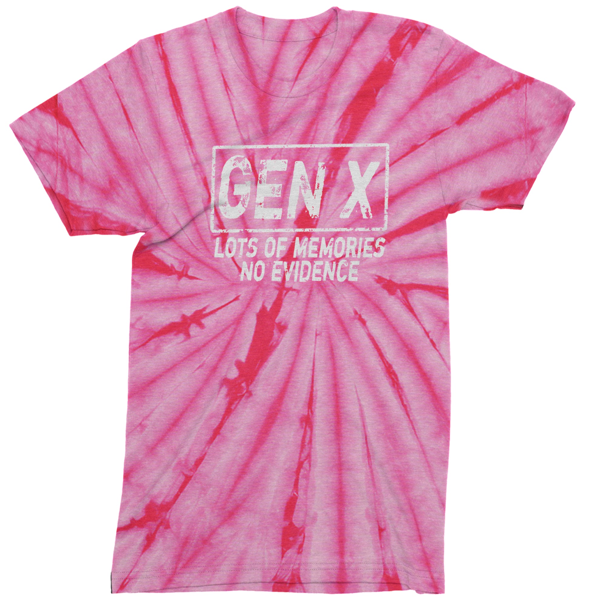 Gen X Lots of Memories No Evidence Nostalgia Mens T-shirt Tie-Dye Spider Pink