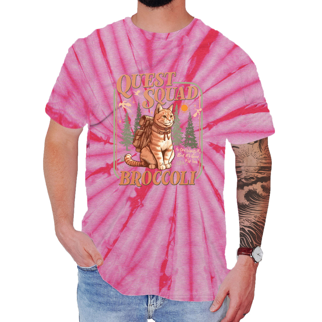 Quest Squad Broccoli Cat Fantasy Reader  Mens T-shirt Tie-Dye Spider Pink