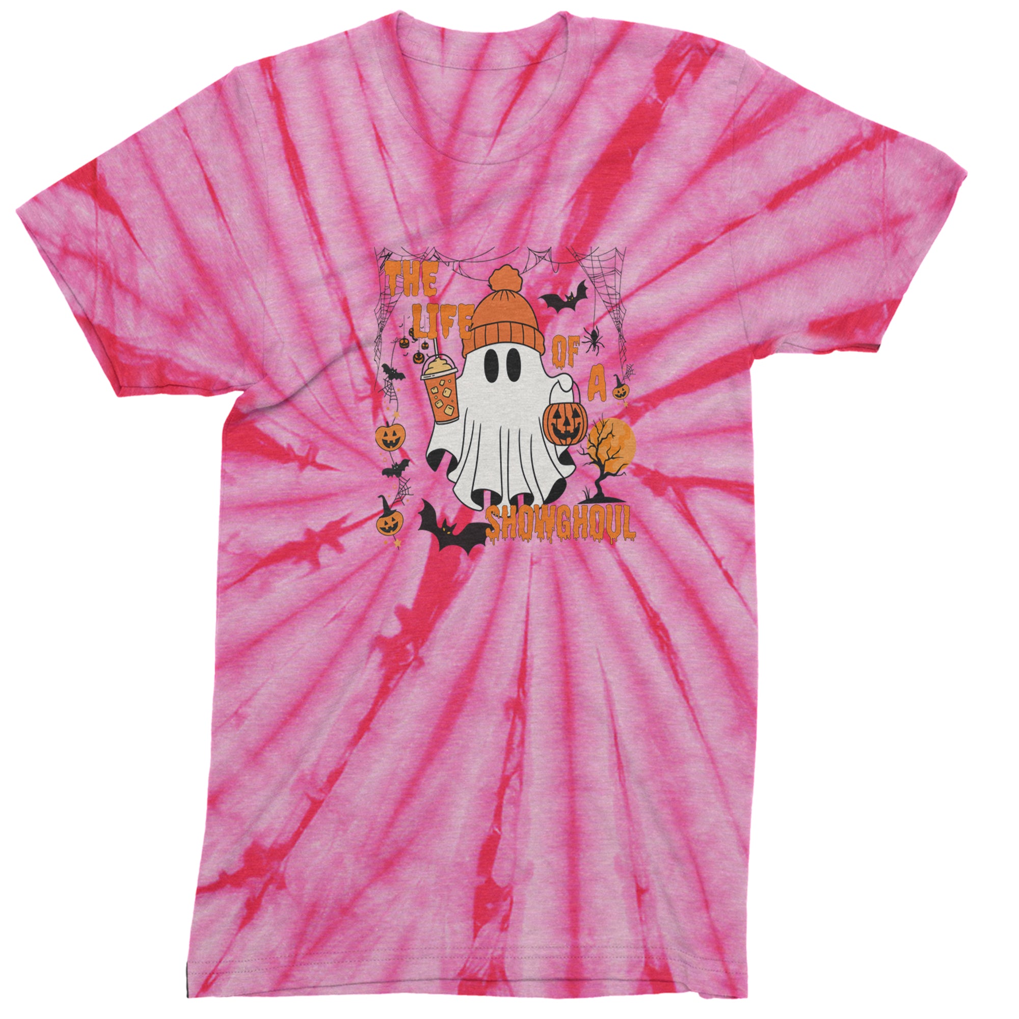 Life of a Showghoul Halloween Showgirl Vibes Mens T-shirt Tie-Dye Spider Pink
